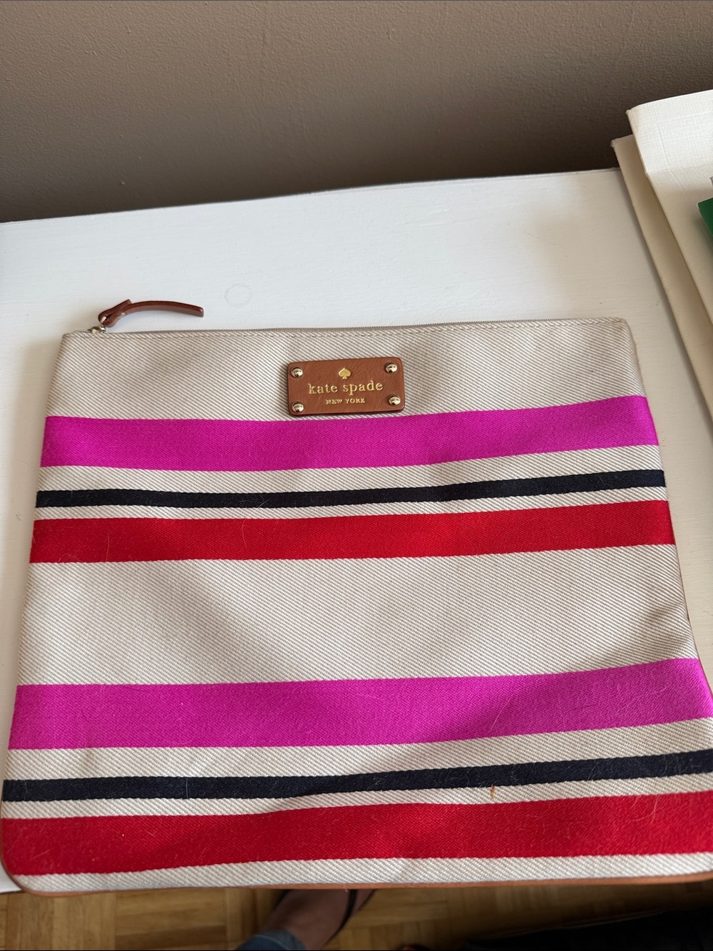 kate spade Pink, Red & Navy Striped Canvas Clutch